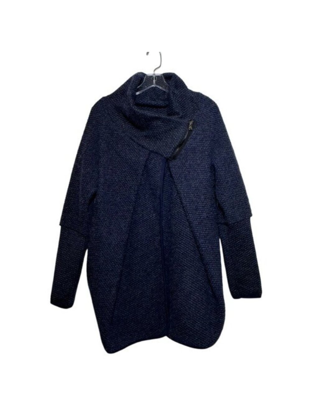 Colorine Paris Italy Wool Blend Asym Zip Cowl Neck Cardigan Coat Blue Boho